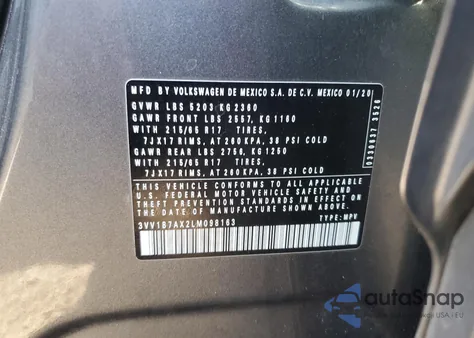 2020 Volkswagen Tiguan S z USA, uszkodzony, nr VIN 3VV1B7AX2LM098163